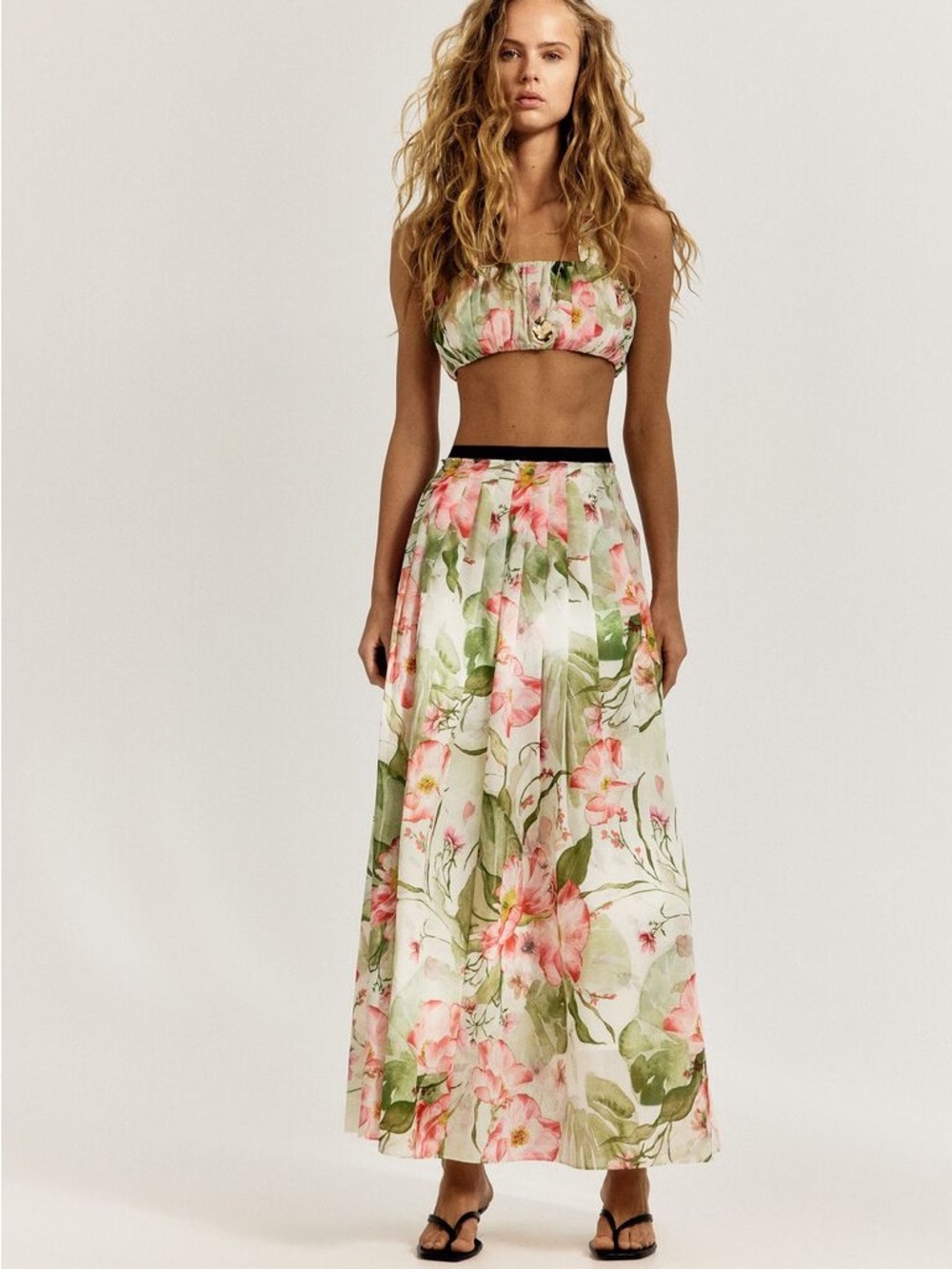 H&M Floral Pleated High Waisted Midi Skirt & Crop Top Set